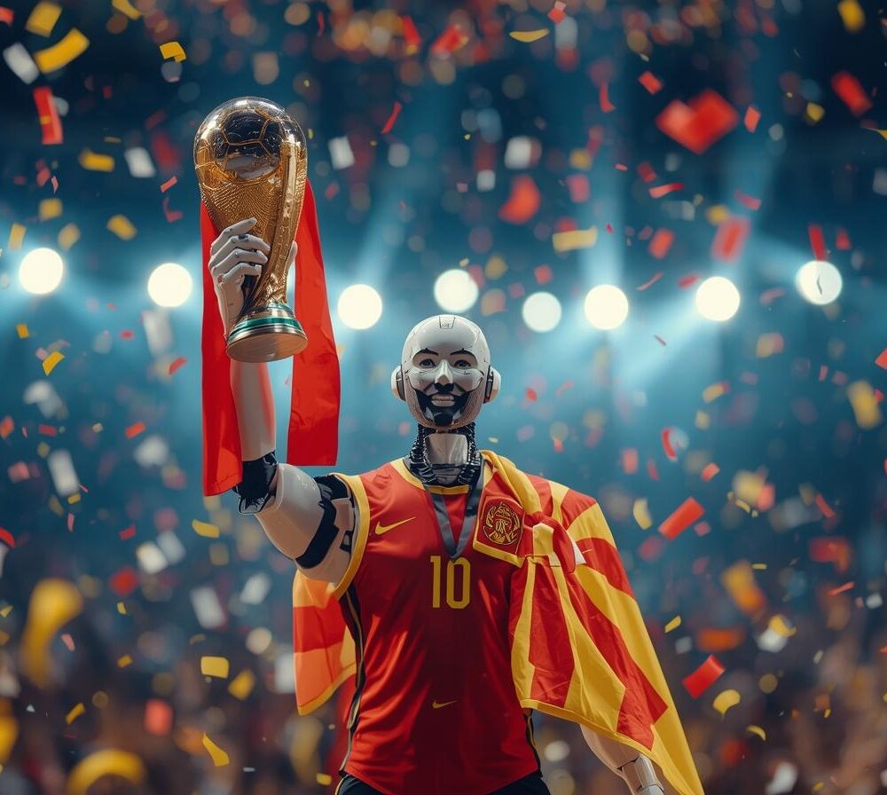 Erstelle ein Bild_ ein Roboter der mit maziedonien die wm gewonnen hat und uaf der bühne den Pokal hoch hebt_ich brauche das fertige bild als header für eine webseite