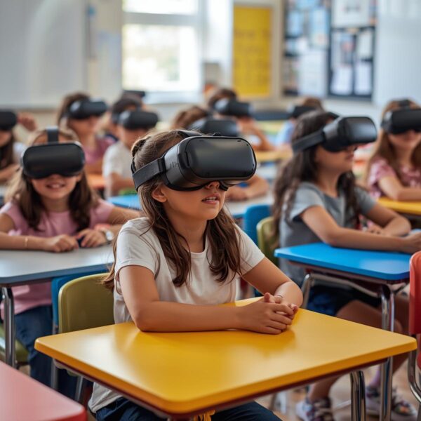 In einer Schule sitzen Kinder mit VR-Brillen