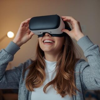 eine Person, Geschlecht egal, 30 Jahre alt, mit einer VR Brille auf dem Kopf; in der Wohnung, ist alleine dort, ist glücklich